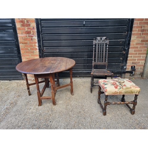 431 - 19th Century Oak Gate Leg Table + 19th Century oak Hall Chair and Stool