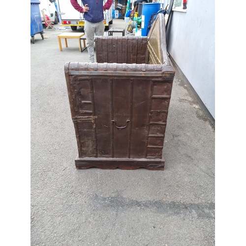 435 - Vintage 20th Century Oak Rustic Continental Hall Bench with Storage finished with Brass and Iron Str... 