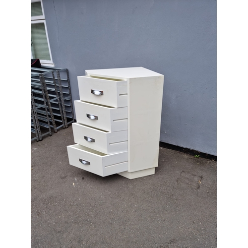 452 - Modern Designer corner white tall boy chest of 4 drawers, draws slide out at an angle - 66cm x 116cm... 