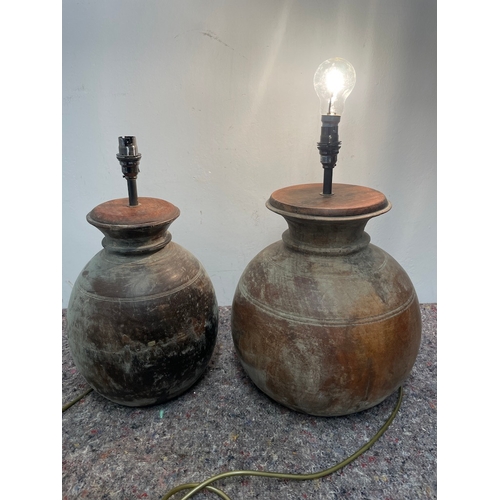 10 - Two Vintage Wood Tureen Bulbous Lamps - Working - both 43cm high / 22cm / 28cm diameter approx