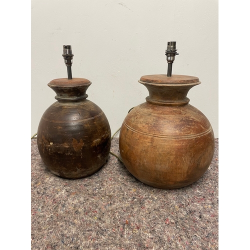 10 - Two Vintage Wood Tureen Bulbous Lamps - Working - both 43cm high / 22cm / 28cm diameter approx