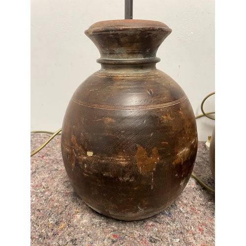 10 - Two Vintage Wood Tureen Bulbous Lamps - Working - both 43cm high / 22cm / 28cm diameter approx