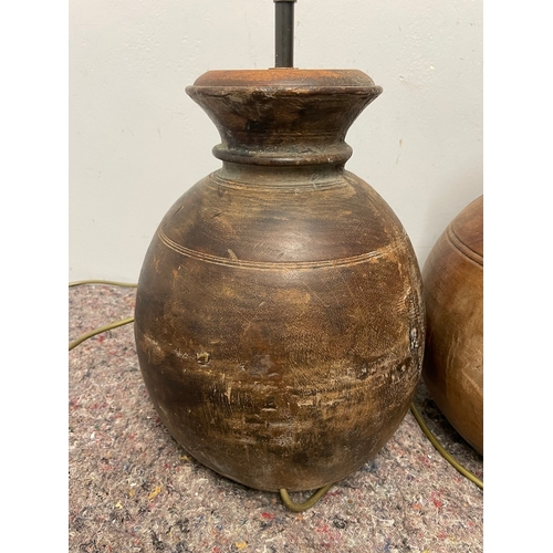 10 - Two Vintage Wood Tureen Bulbous Lamps - Working - both 43cm high / 22cm / 28cm diameter approx