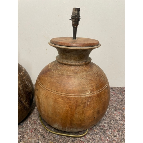 10 - Two Vintage Wood Tureen Bulbous Lamps - Working - both 43cm high / 22cm / 28cm diameter approx