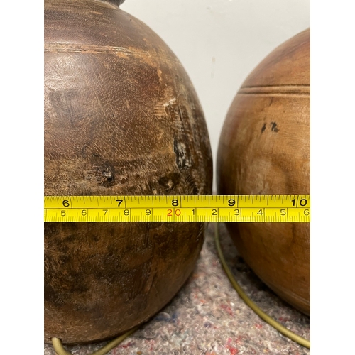 10 - Two Vintage Wood Tureen Bulbous Lamps - Working - both 43cm high / 22cm / 28cm diameter approx