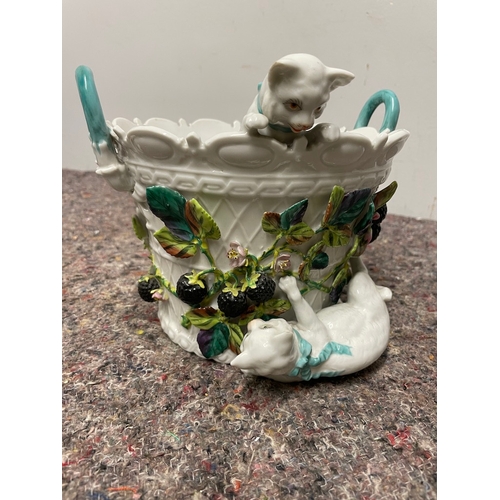 15 - Antique Porcelain Handled Bowl with hand sculpted / painted decoration of kittens and foliage - mark... 