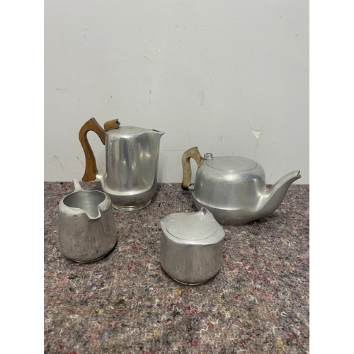 19 - Vintage Aluminium Picquot Ware includes Coffee / Tea Pot , Milk Pourer, Sugar Jar - tea pot shows da... 