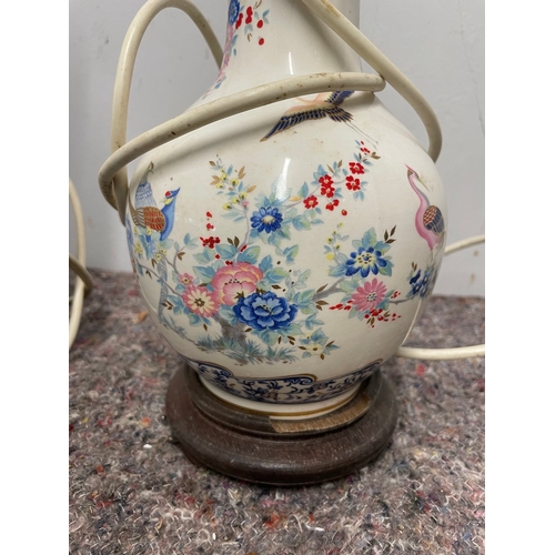 6 - Pair of vintage oriental vase lamps - 1 has chip to lip as shown, 1 has damage to wooden base approx... 