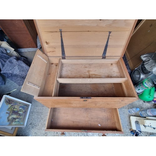 249 - Antique Wooden Pine Tool Chest with front drawer and compartments 59cm x 72cm x 101cm