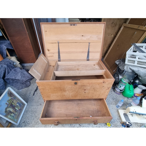 249 - Antique Wooden Pine Tool Chest with front drawer and compartments 59cm x 72cm x 101cm