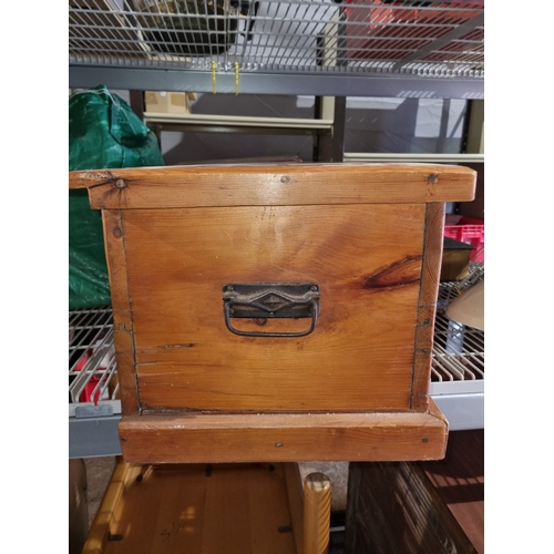 269 - Vintage Pine Tool Chest / Trunk with iron handles 40cm x 56cm x 32cm - marks on top