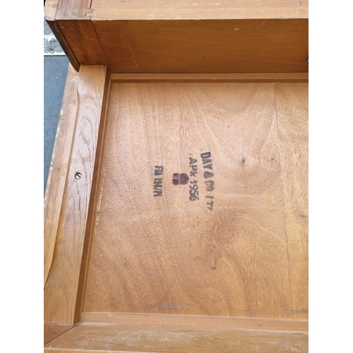 277 - Mid Century 1956 Day & Co Ltd Oak Desk with Leather Top with ER Royal Emblem underneath