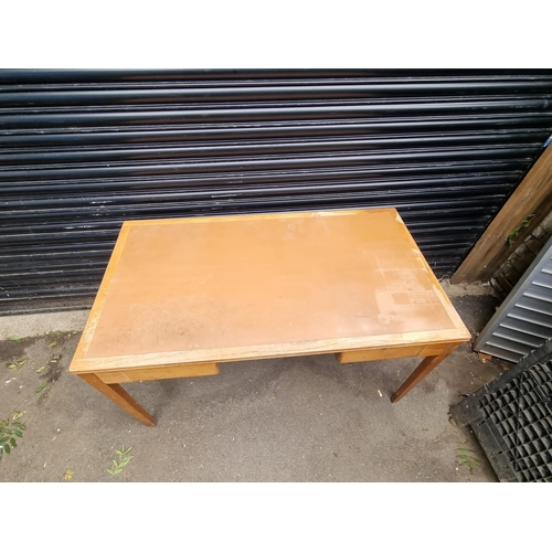 277 - Mid Century 1956 Day & Co Ltd Oak Desk with Leather Top with ER Royal Emblem underneath