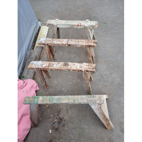 282 - Four Vintage Industrial Workshop Wooden Trestles Work Horses