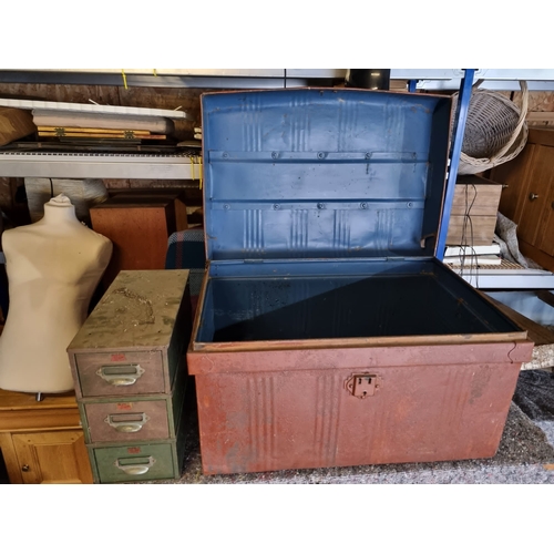 286 - Vintage Metal Veteran Series Three Drawer cabinet + vintage metal trunk