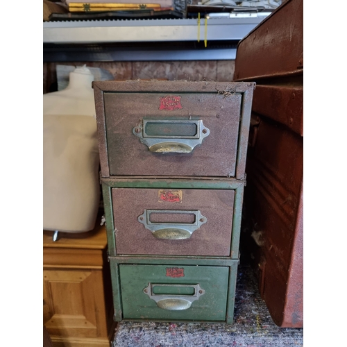 286 - Vintage Metal Veteran Series Three Drawer cabinet + vintage metal trunk