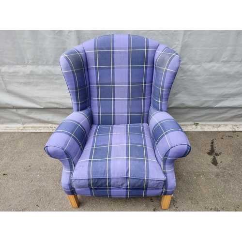 290 - Vintage Wingback Armchair in Purple Tartan Fabric