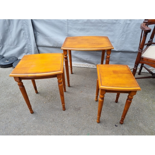 298 - Vintage Nest of Three Tables + antique corner chair + Yew wood pedestal end table