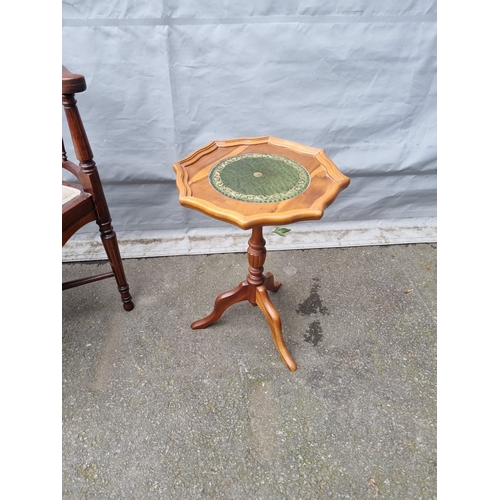 298 - Vintage Nest of Three Tables + antique corner chair + Yew wood pedestal end table