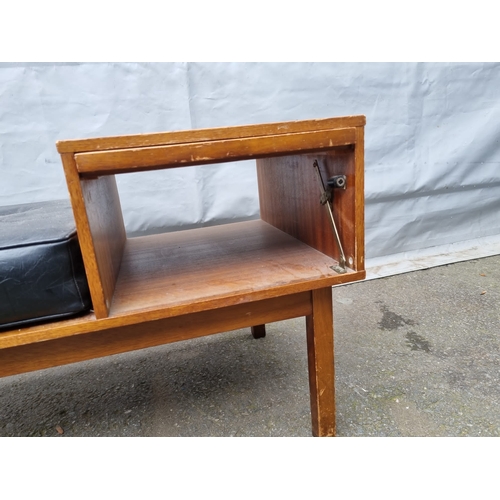 299 - Mid Century Teak Telephone Seat with Black Leather Cushion