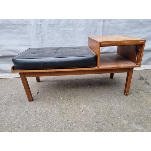 299 - Mid Century Teak Telephone Seat with Black Leather Cushion