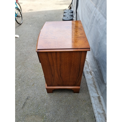 308 - Antique Mahogany 3 drawer cabinet with Burr top and front on bracket feet - 54cm x 42cm x 65cm