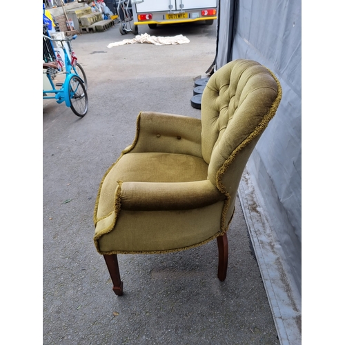 311 - Vintage Button back Green Fabric occasional Chair - 64cm x 86cm