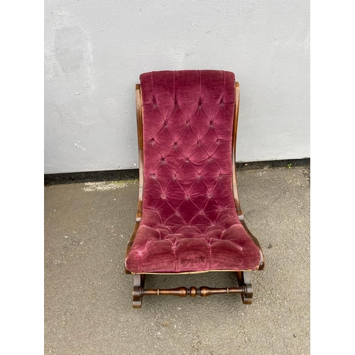 325 - Antique Button Crimson Fabric Low Slipper Chair - 76cm x 46cm x 48cm