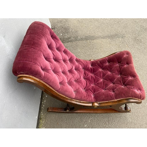 325 - Antique Button Crimson Fabric Low Slipper Chair - 76cm x 46cm x 48cm