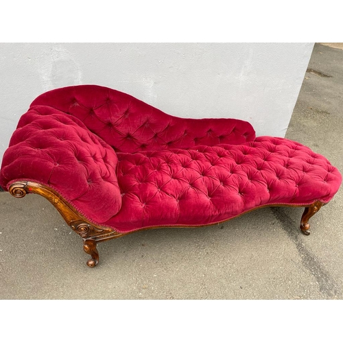 326 - Antique Victorian Crimson Full Button Fabric Scroll Chaise Lounge - 140cm x 62cm x 76cm