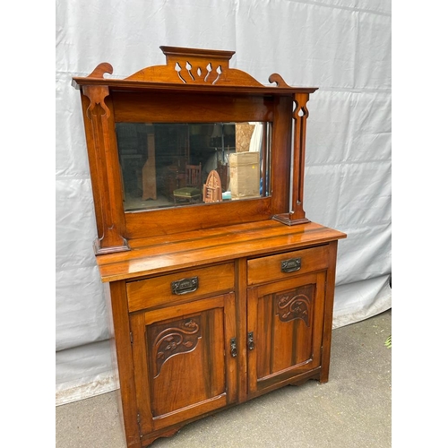 331 - Art Nouveau Oak Mirrored Top Credenza / Sideboard Cupboard - 180cm x 119cm x 45cm