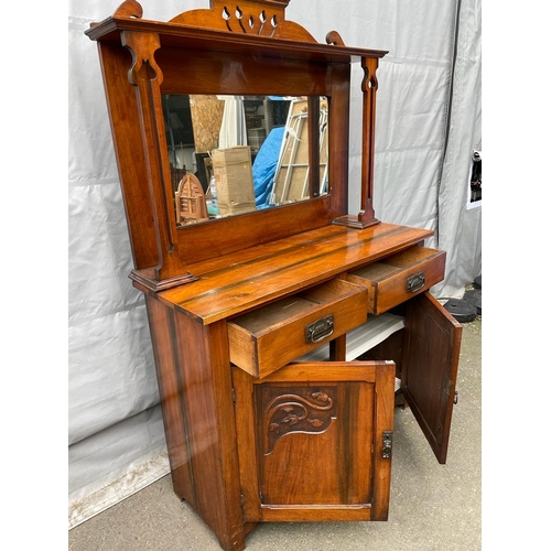 331 - Art Nouveau Oak Mirrored Top Credenza / Sideboard Cupboard - 180cm x 119cm x 45cm