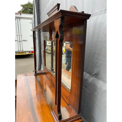 331 - Art Nouveau Oak Mirrored Top Credenza / Sideboard Cupboard - 180cm x 119cm x 45cm