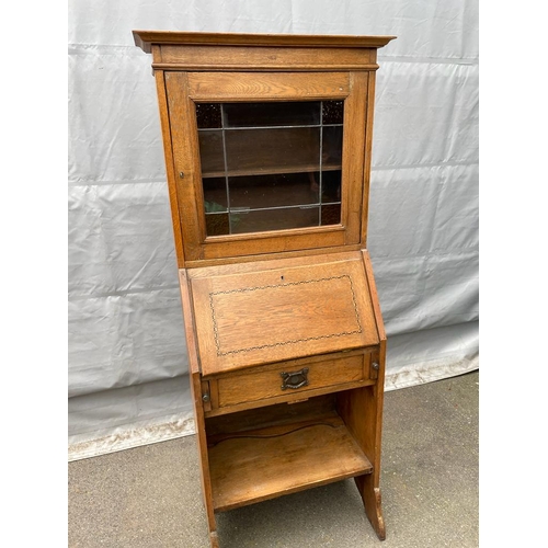 333 - Arts & Crafts Oak Glazed bookcase over bureau - 162cm x 61cm x 33cm