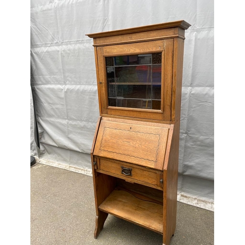 333 - Arts & Crafts Oak Glazed bookcase over bureau - 162cm x 61cm x 33cm