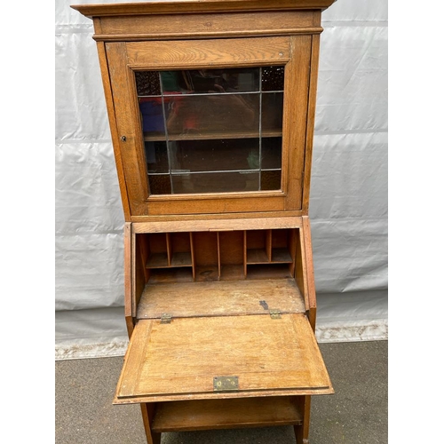 333 - Arts & Crafts Oak Glazed bookcase over bureau - 162cm x 61cm x 33cm