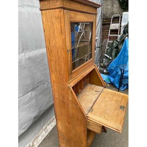 333 - Arts & Crafts Oak Glazed bookcase over bureau - 162cm x 61cm x 33cm