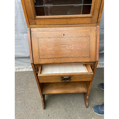 333 - Arts & Crafts Oak Glazed bookcase over bureau - 162cm x 61cm x 33cm