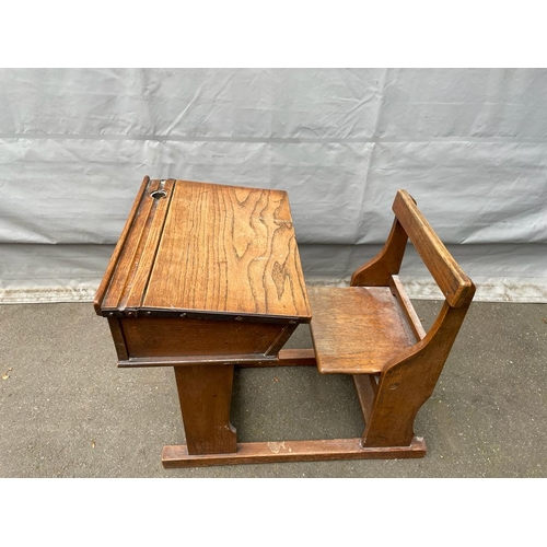 339 - Antique Oak School Desk with Folding Chair - 76cm x 80cm x 57cm