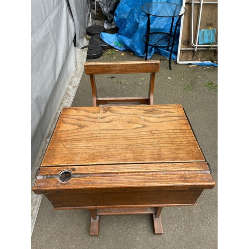 339 - Antique Oak School Desk with Folding Chair - 76cm x 80cm x 57cm