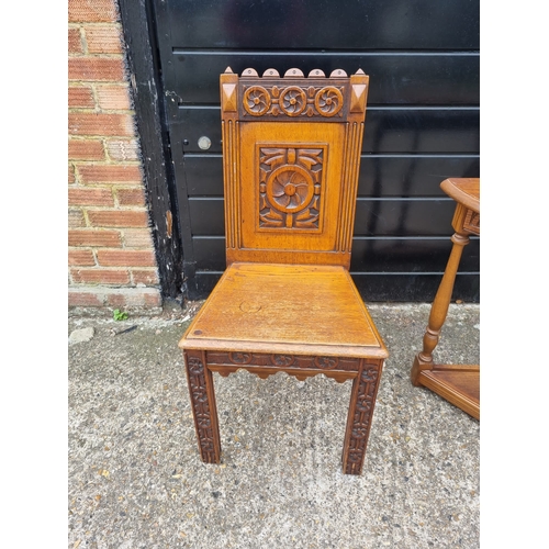 342 - Antique Pair of Matching Oak Hall Chairs + Oak Demi Lune Console table