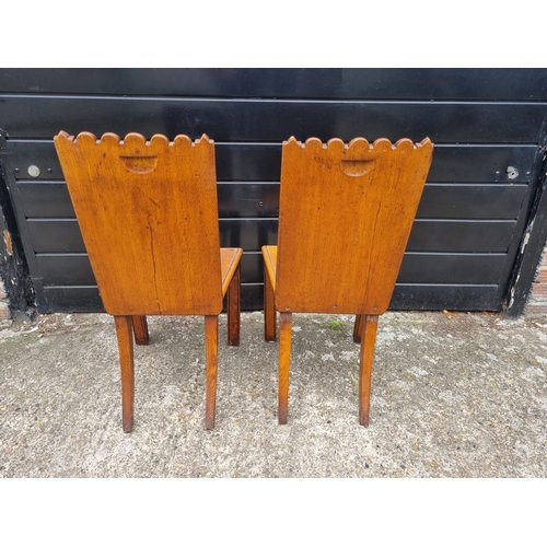 342 - Antique Pair of Matching Oak Hall Chairs + Oak Demi Lune Console table