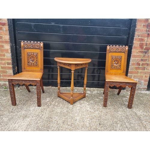 Antique Pair of Matching Oak Hall Chairs + Oak Demi Lune Console table