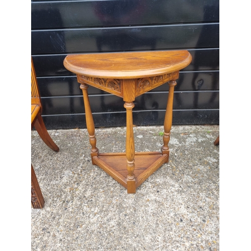 342 - Antique Pair of Matching Oak Hall Chairs + Oak Demi Lune Console table