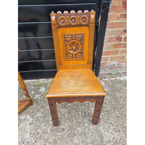 342 - Antique Pair of Matching Oak Hall Chairs + Oak Demi Lune Console table