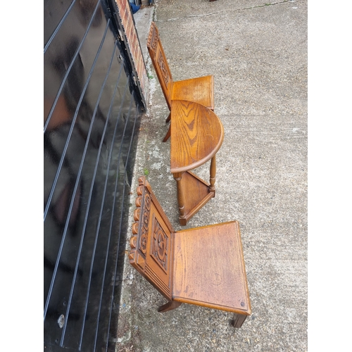 342 - Antique Pair of Matching Oak Hall Chairs + Oak Demi Lune Console table