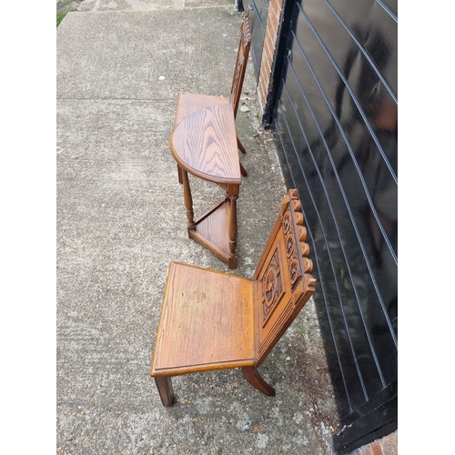 342 - Antique Pair of Matching Oak Hall Chairs + Oak Demi Lune Console table