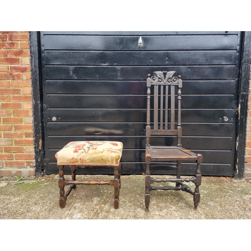 345 - Antique Oak Hall chair + Stool