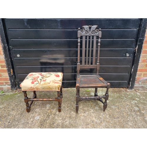 345 - Antique Oak Hall chair + Stool