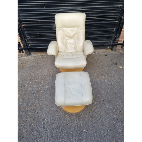 356 - Cream Leather Ekornes Style Reclining Armchair with Matching Stool